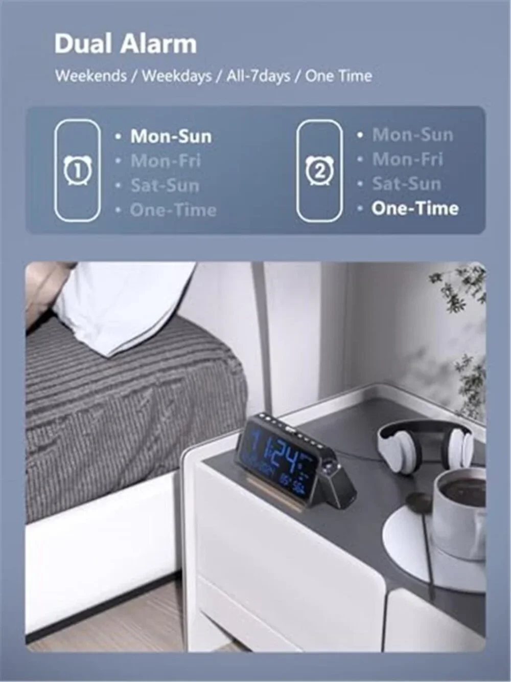 Projection Alarm Clock Ceiling Display Dual Alarm USB Charging Temp Humidity